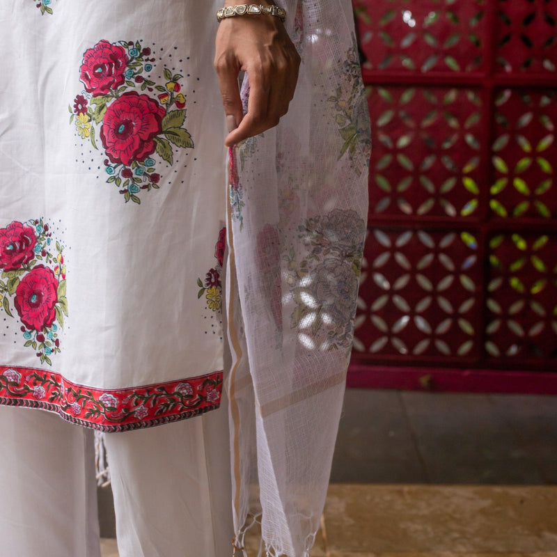 Kentish Rose Blockprint Cotton Suit Set With Dupatta-Suits-House of Ekam