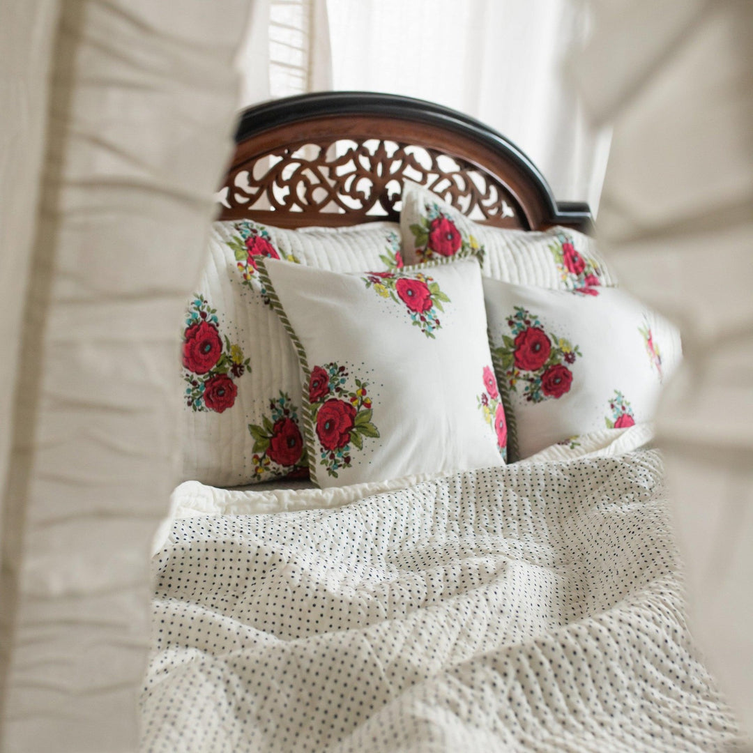 Kentish Rose Blockprint Pique Queen Quilt Set-Quilt sets-House of Ekam