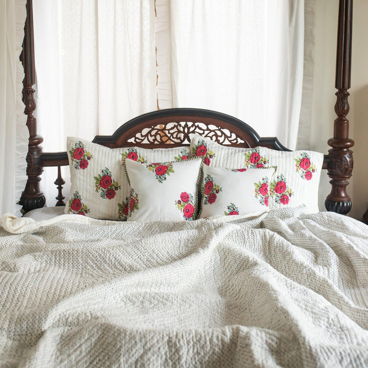 Kentish Rose Blockprint Pique Queen Quilt Set-Quilt sets-House of Ekam