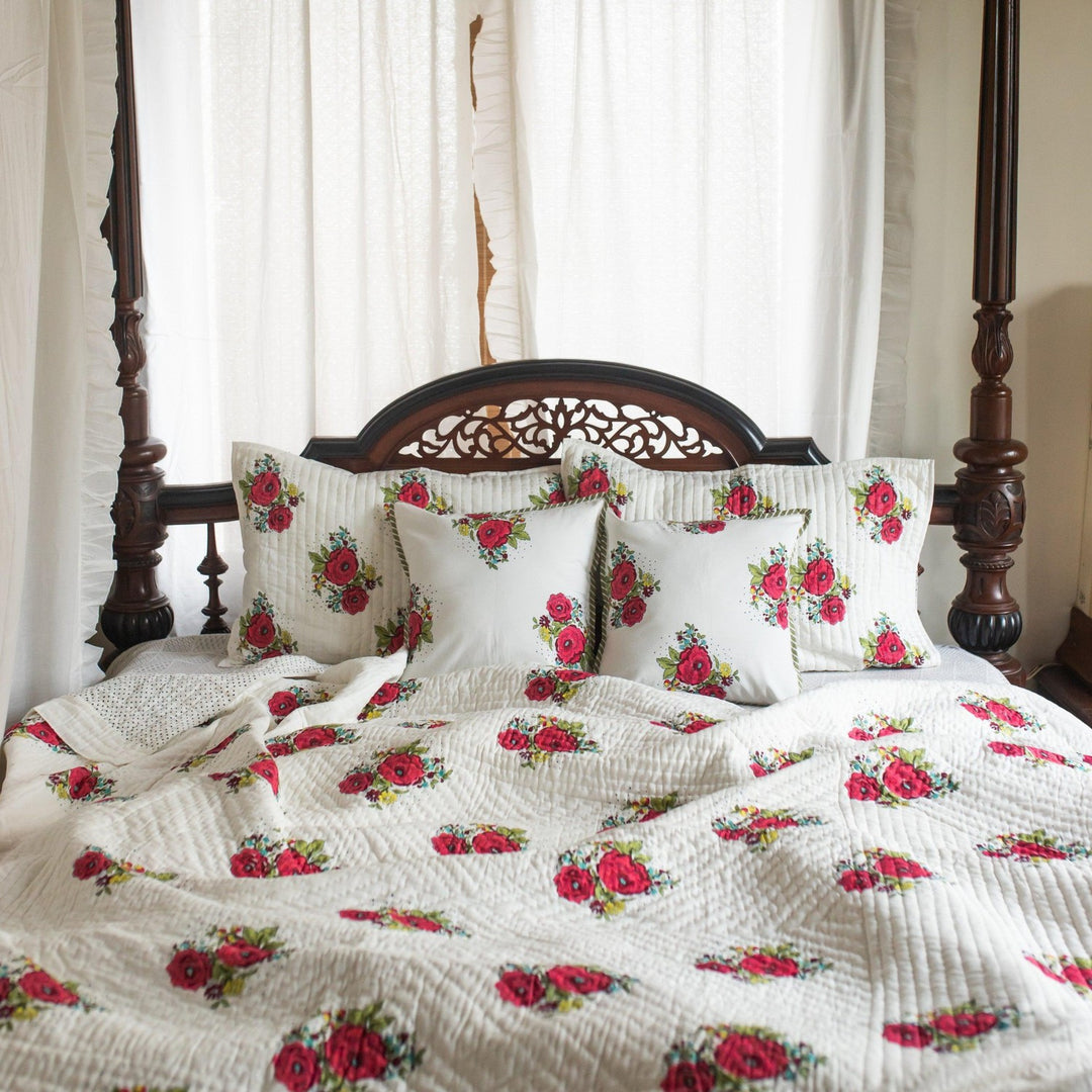 Kentish Rose Blockprint Pique Queen Quilt Set-Quilt sets-House of Ekam