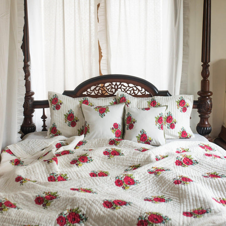 Kentish Rose Blockprint Pique Queen Quilt Set-Quilt sets-House of Ekam