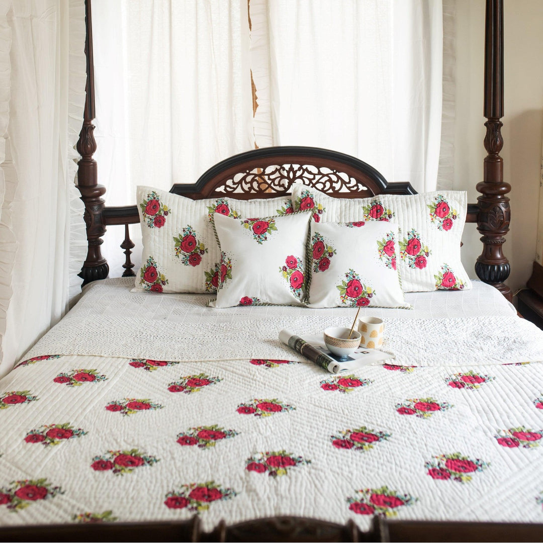 Kentish Rose Blockprint Pique Queen Quilt Set-Quilt sets-House of Ekam