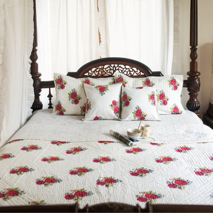 Kentish Rose Blockprint Pique Queen Quilt Set-Quilt sets-House of Ekam