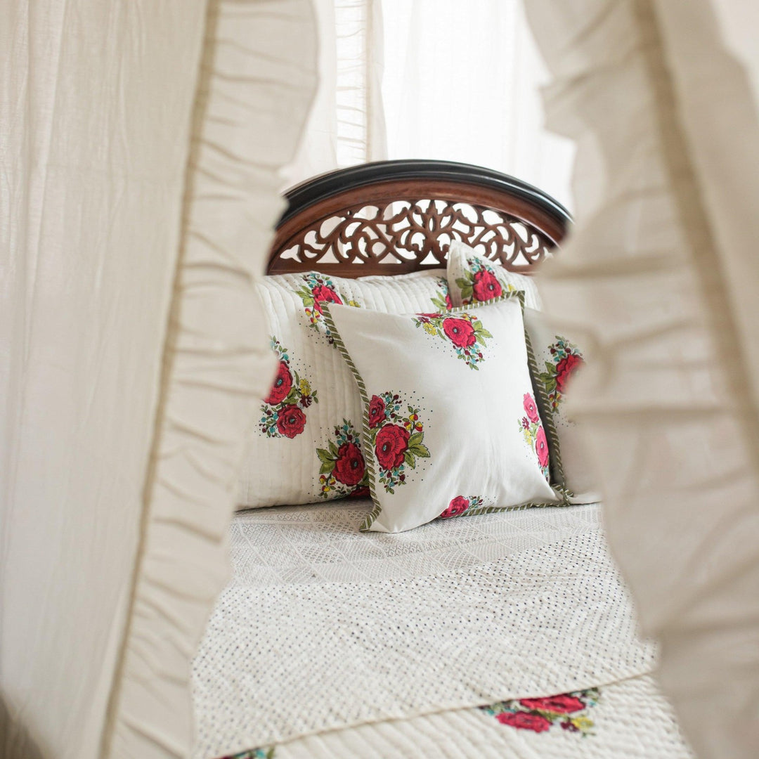 Kentish Rose Blockprint Pique Queen Quilt Set-Quilt sets-House of Ekam