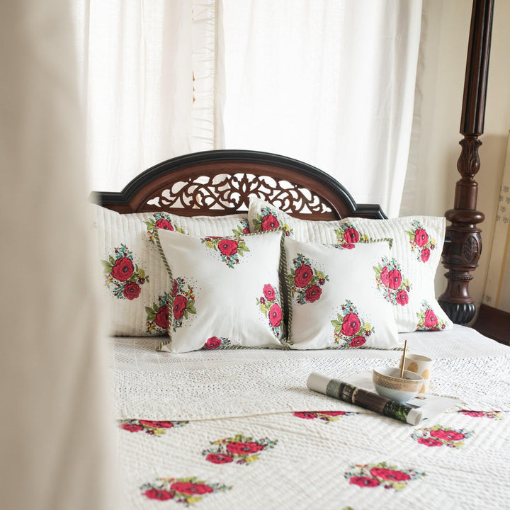 Kentish Rose Blockprint Pique Queen Quilt Set-Quilt sets-House of Ekam