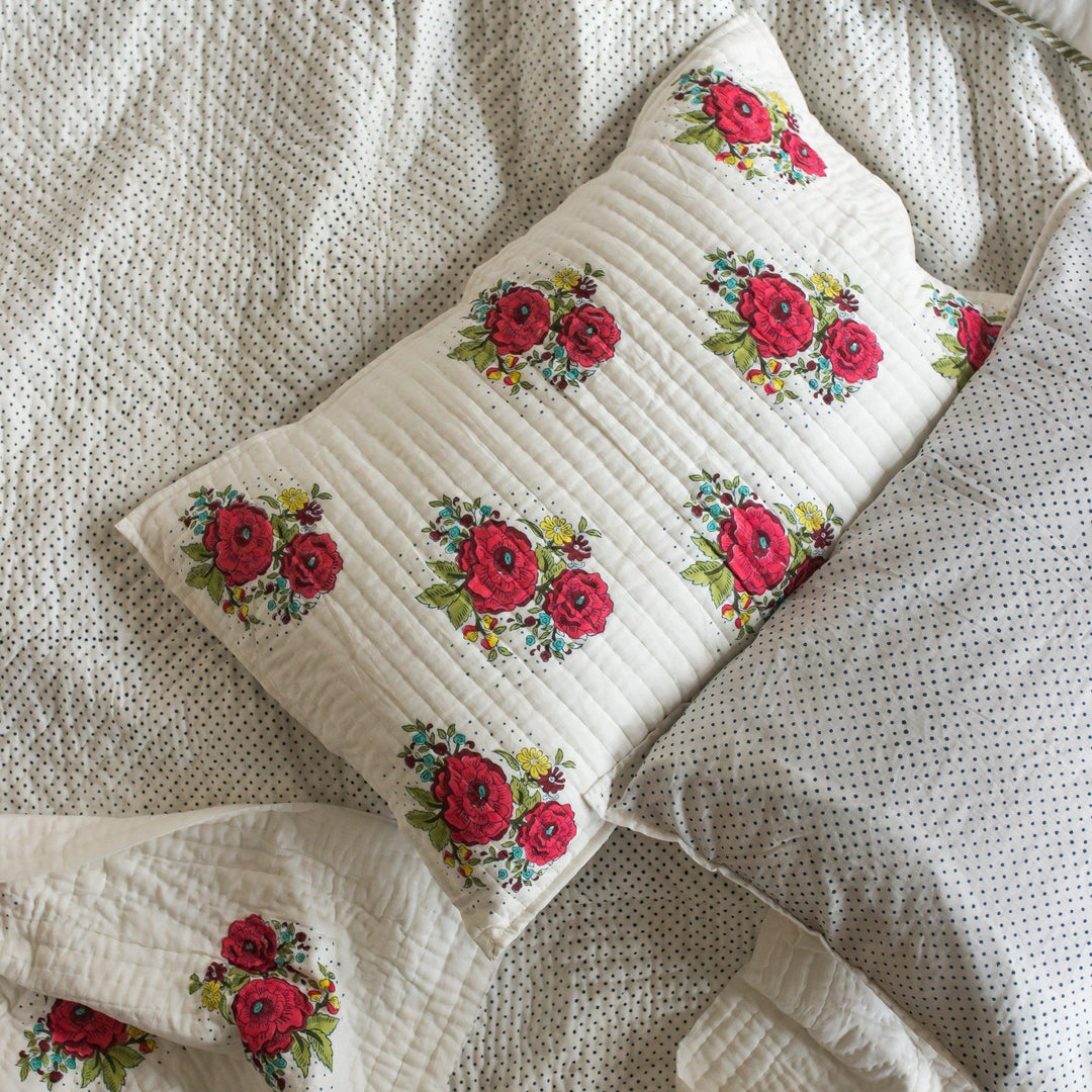Kentish Rose Blockprint Pique Queen Quilt Set-Quilt sets-House of Ekam