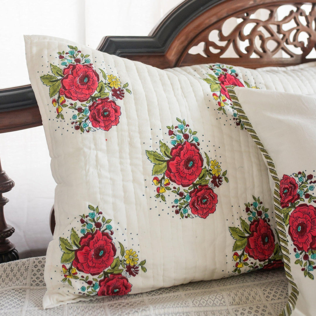 Kentish Rose Blockprint Pique Queen Quilt Set-Quilt sets-House of Ekam