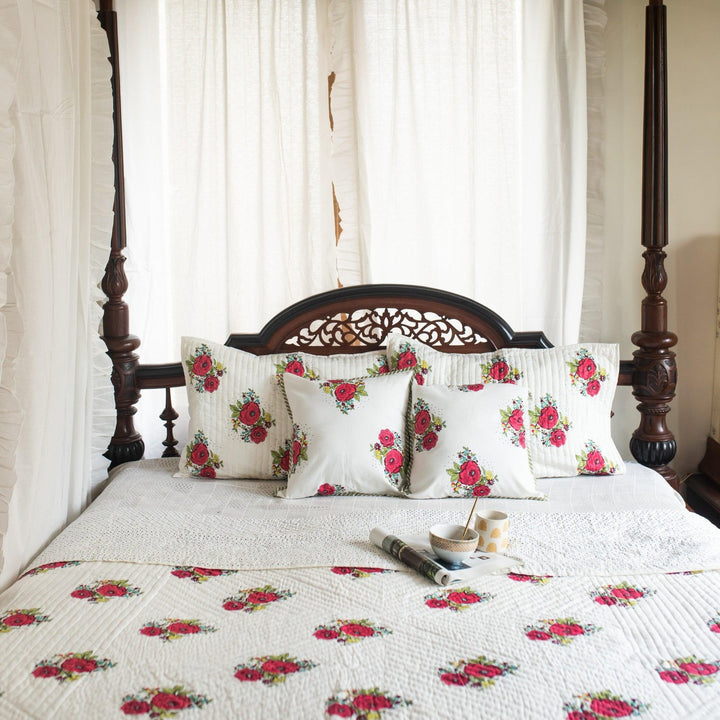 Kentish Rose Blockprint Pique Queen Quilt Set-Quilt sets-House of Ekam