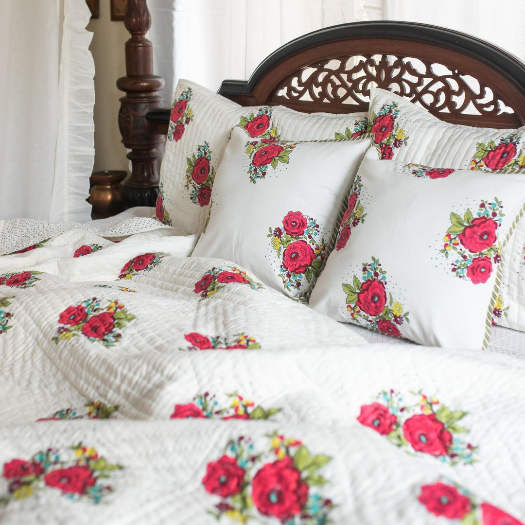 Kentish Rose Blockprint Pique Queen Quilt Set-Quilt sets-House of Ekam