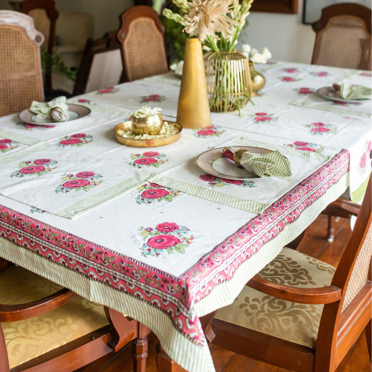 Kentish Rose Blockprint Table Linen Set-Table Runners-House of Ekam