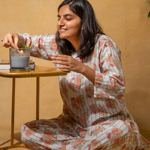 Kentish Rose Stripe Blockprinted Loungewear Pyjama Set-loungewear-House of Ekam