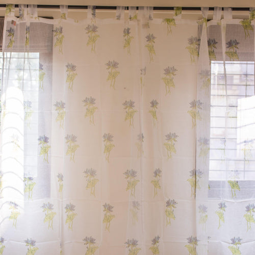 Kota Doria Lotus Blockprint Sheer Curtain-Curtains-House of Ekam