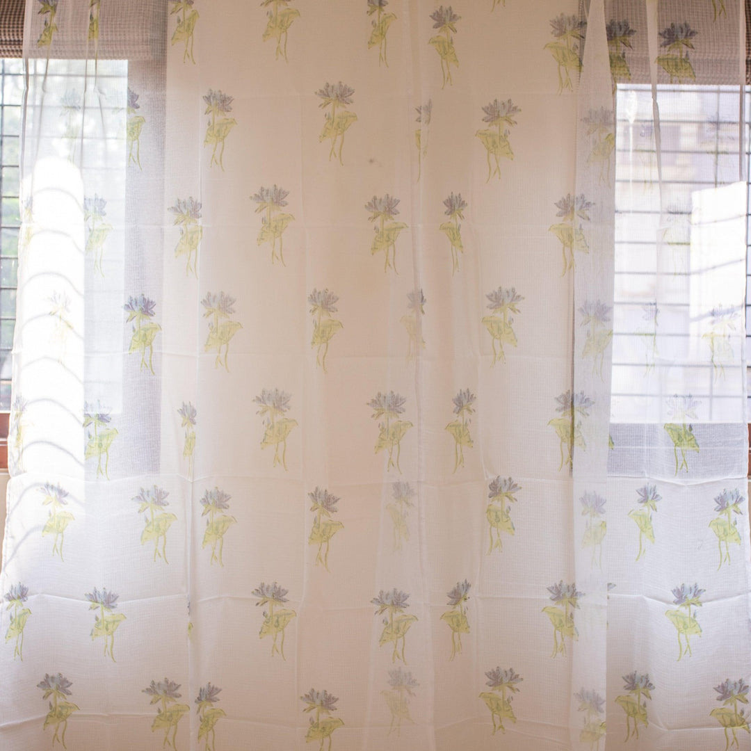 Kota Doria Lotus Blockprint Sheer Curtain-Curtains-House of Ekam