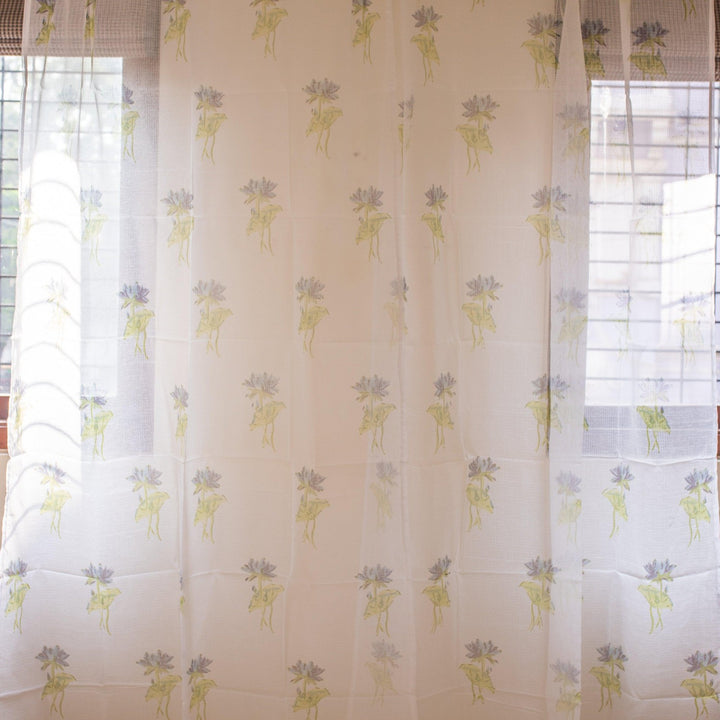 Kota Doria Lotus Blockprint Sheer Curtain-Curtains-House of Ekam