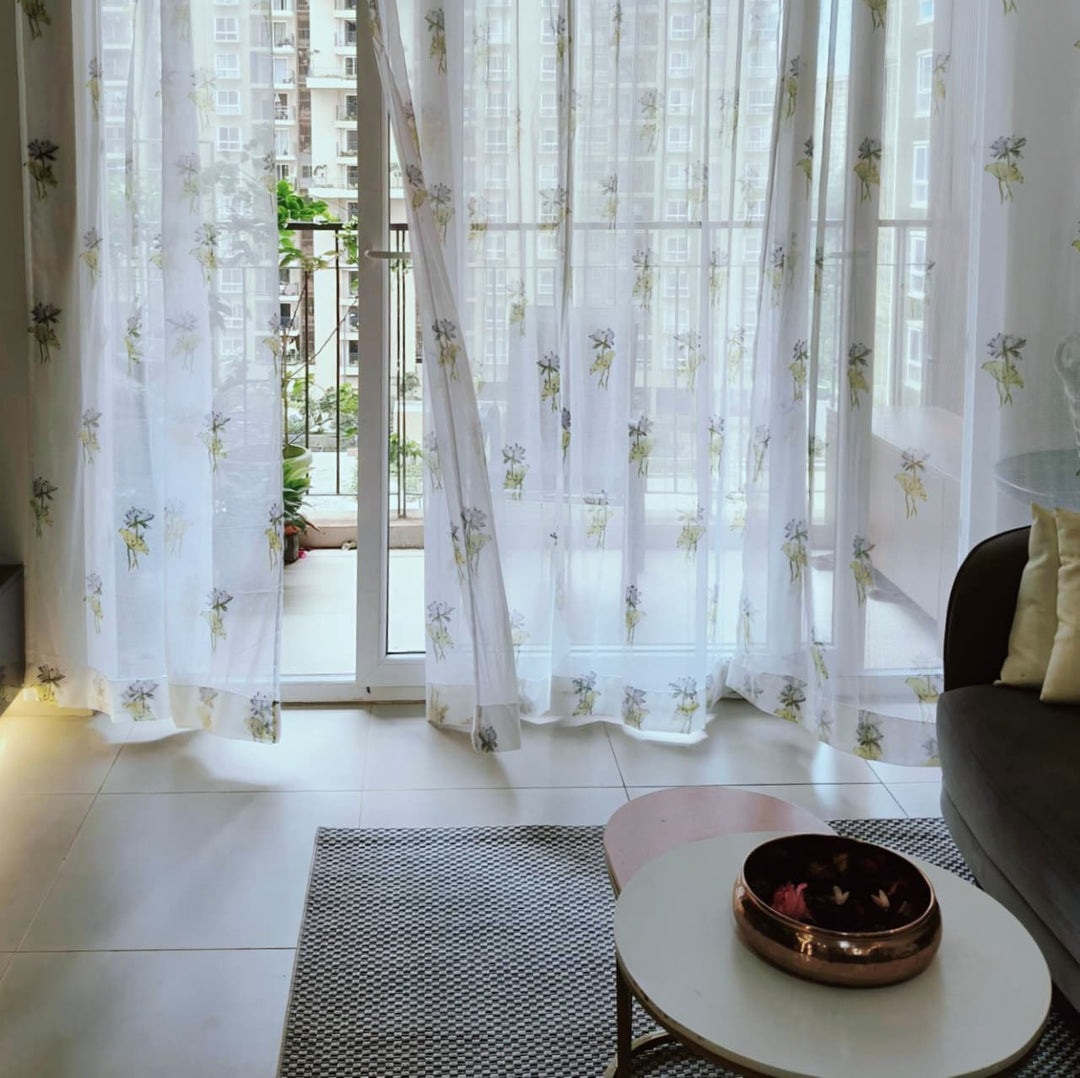 Kota Doria Lotus Blockprint Sheer Curtain-Curtains-House of Ekam