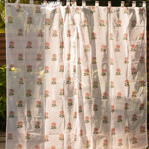 Kota Doria Rose Blockprint Sheer Curtain-Curtains-House of Ekam