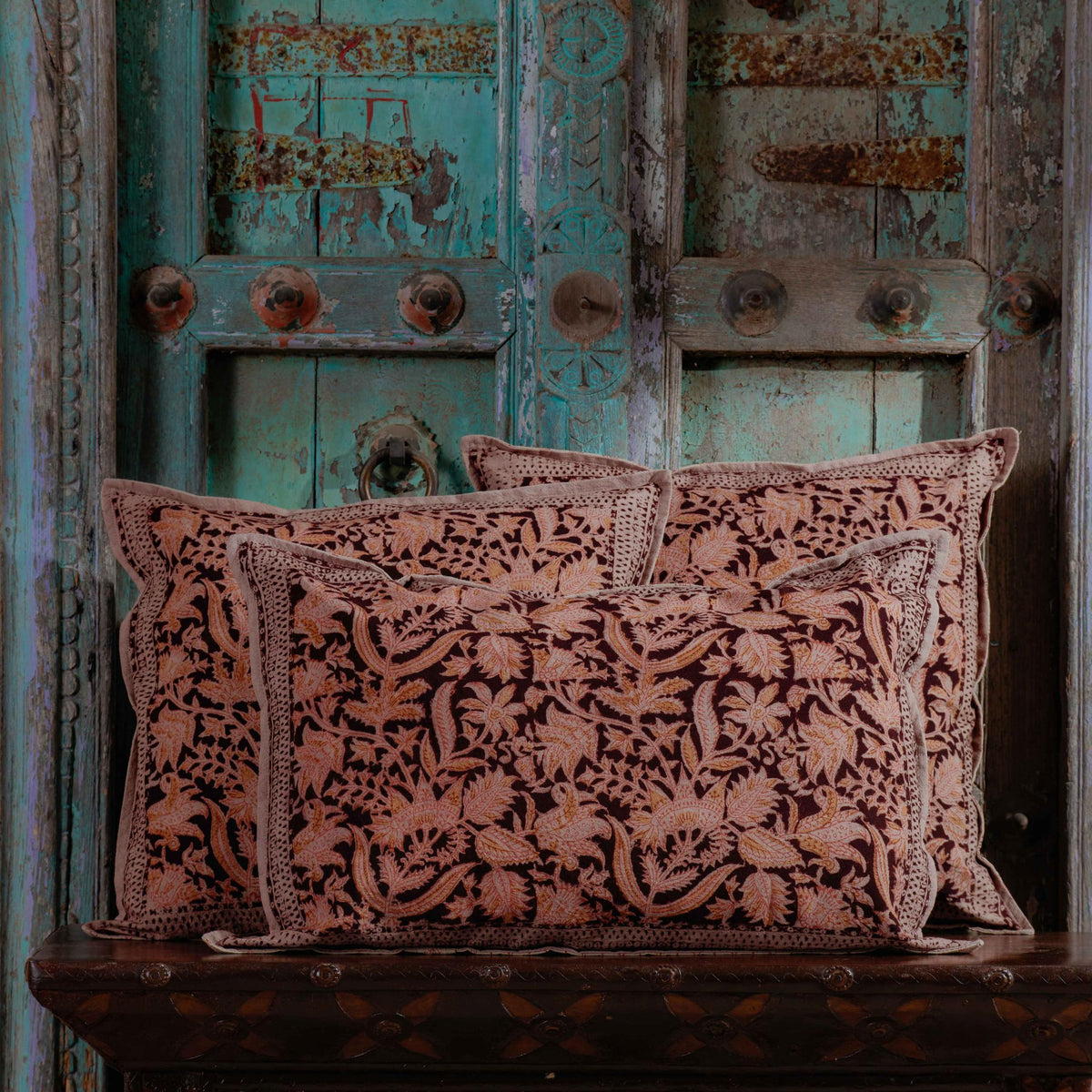Kumkuma Jaal Kalamkari Blockprint Cushion Cover-Cushion Covers-House of Ekam