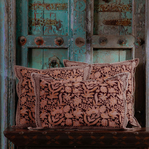 Kumkuma Jaal Kalamkari Blockprint Cushion Cover-Cushion Covers-House of Ekam