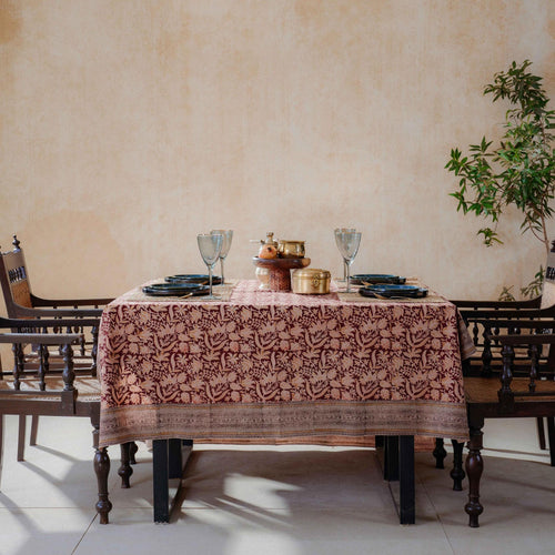 Kumkuna Jaal Kalamkari Handblockprinted Table Cloth-Table Runners-House of Ekam