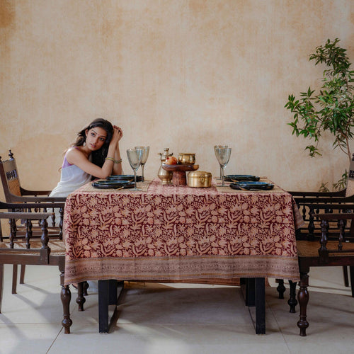 Kumkuna Jaal Kalamkari Handblockprinted Table Cloth-Table Runners-House of Ekam