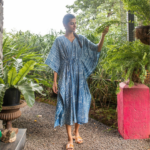 Leher Indigo Wave Kaftan-Kaftaans-House of Ekam