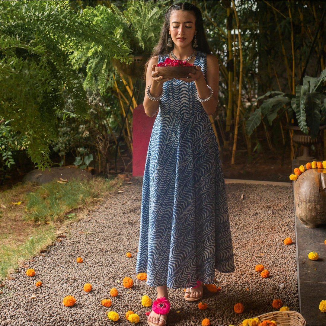 Leher Indigo Wave Long Dress-Dresses-House of Ekam