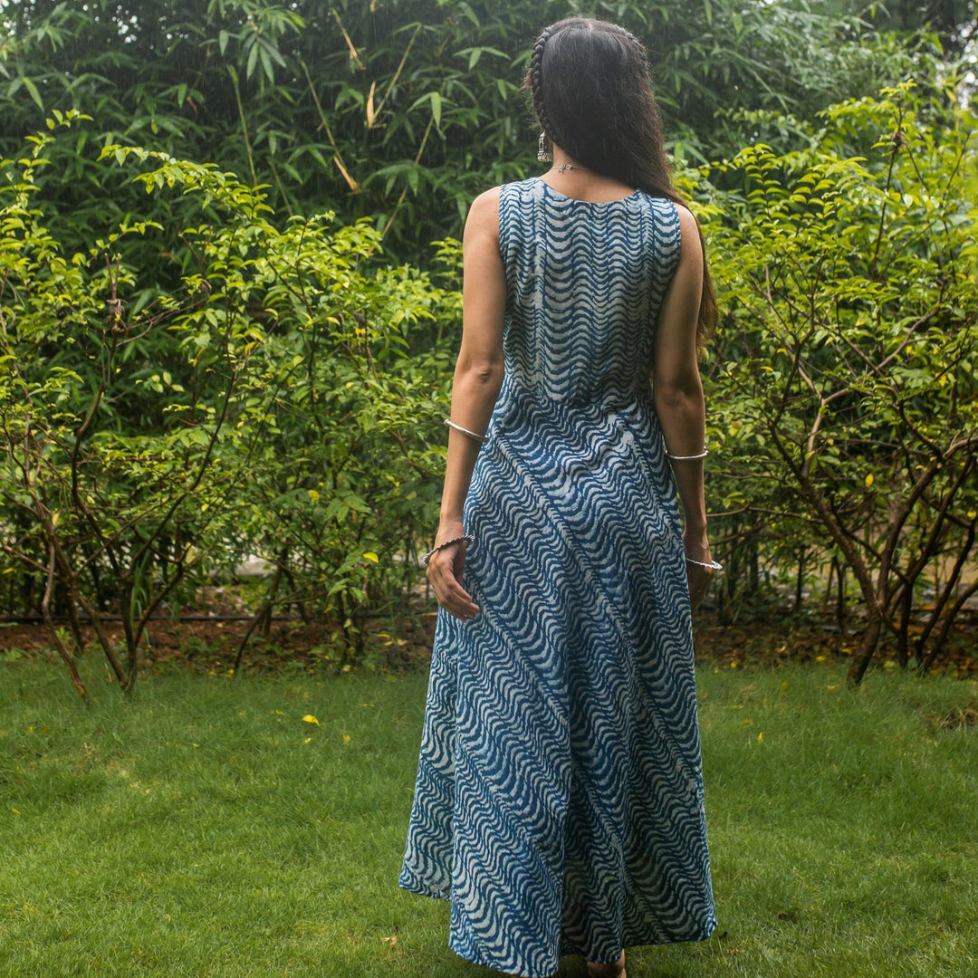Leher Indigo Wave Long Dress-Dresses-House of Ekam