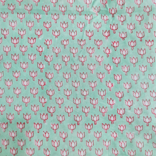 Light Aqua Lotus Blockprint Cotton Fabric-fabric-House of Ekam