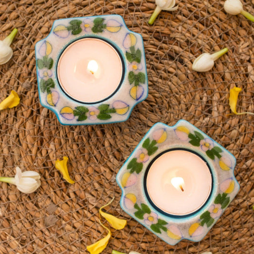 Light Blue & Pink Square Blue Pottery Diya Set of 2-diyas-House of Ekam