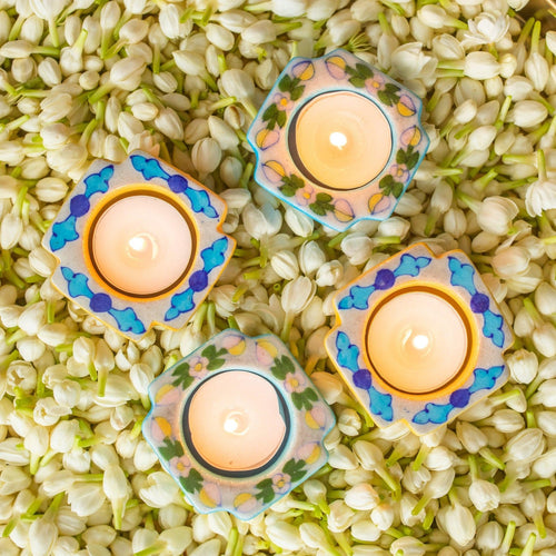 Light Blue & Pink Square Blue Pottery Diya Set of 2-diyas-House of Ekam