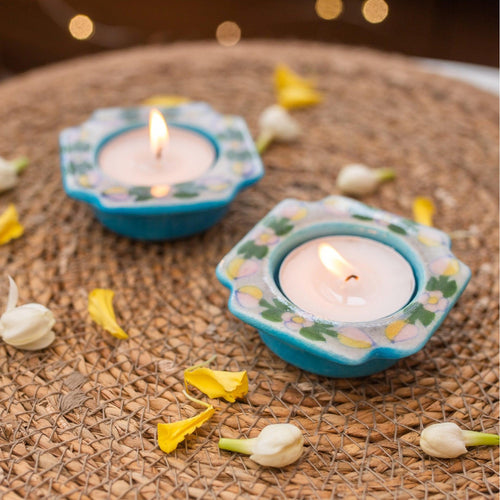 Light Blue & Pink Square Blue Pottery Diya Set of 2-diyas-House of Ekam