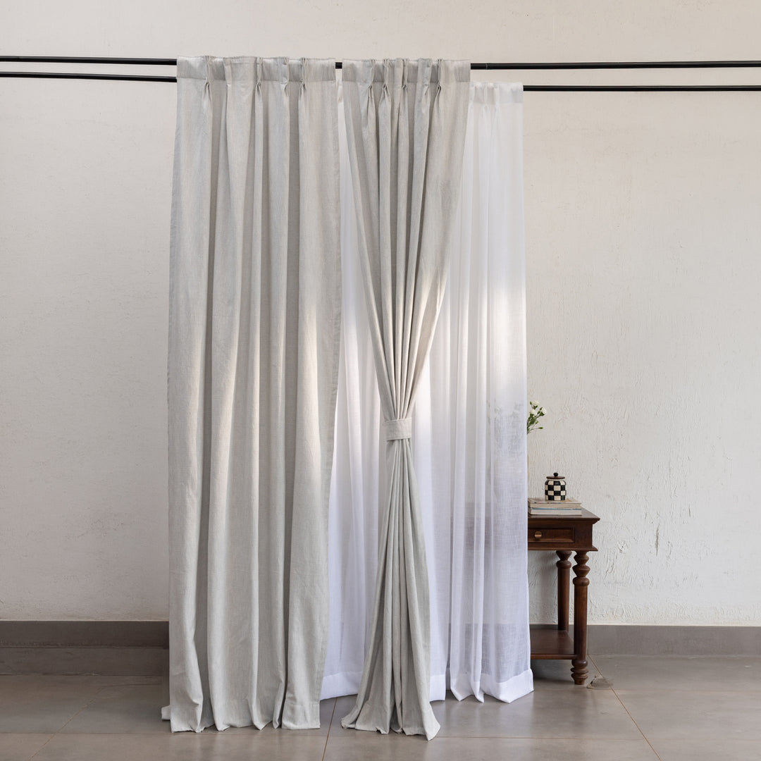 Light Grey Blue Cotton Slub Chambray 80% Blackout Curtain-Curtains-House of Ekam