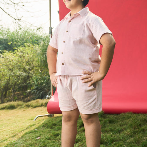 Light Pink Cotton Slub Boys Co-ord Set-Kidswear-House of Ekam