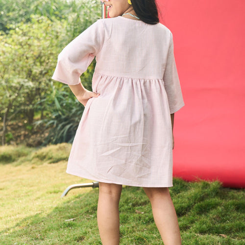 Light Pink Cotton Slub Girl Dress-Kidswear-House of Ekam