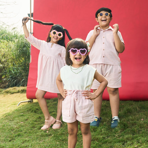 Light Pink Cotton Slub Girl Dress-Kidswear-House of Ekam