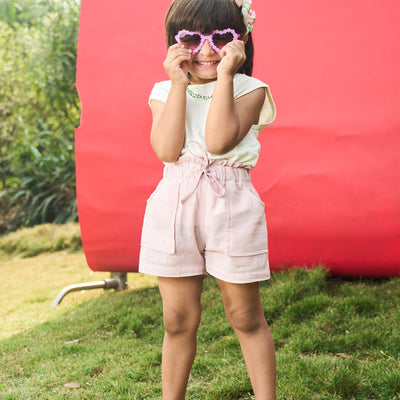 Light Pink Cotton Slub Girls Shorts-Kidswear-House of Ekam