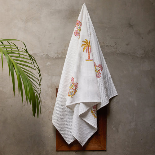Malabar Blockprint Bath/Hand/Face Waffle Towel-bath towels-House of Ekam