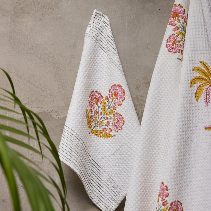 Malabar Blockprint Bath/Hand/Face Waffle Towel-bath towels-House of Ekam