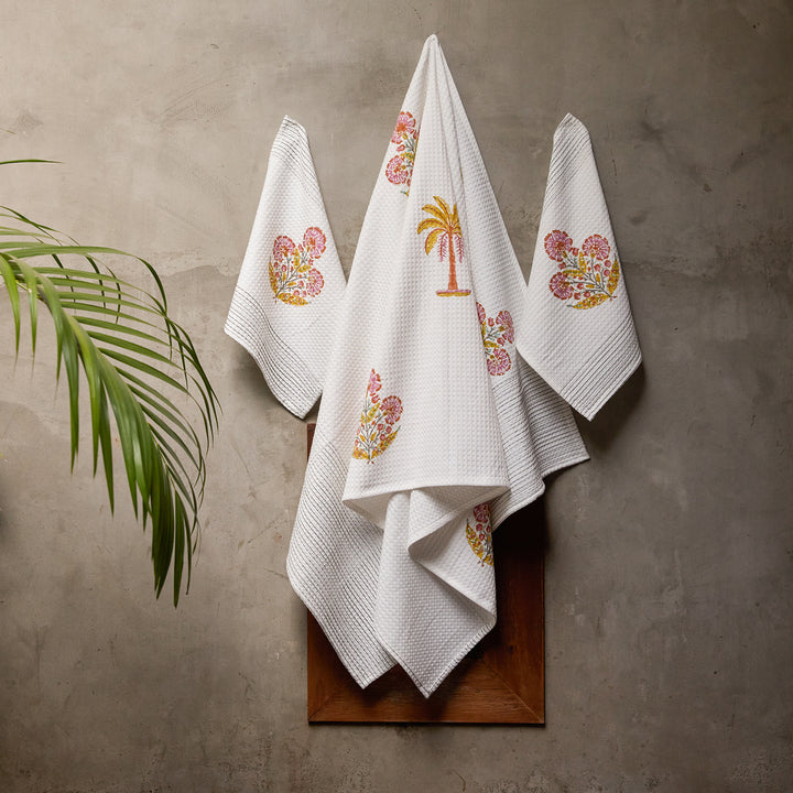Malabar Blockprint Bath/Hand/Face Waffle Towel-bath towels-House of Ekam
