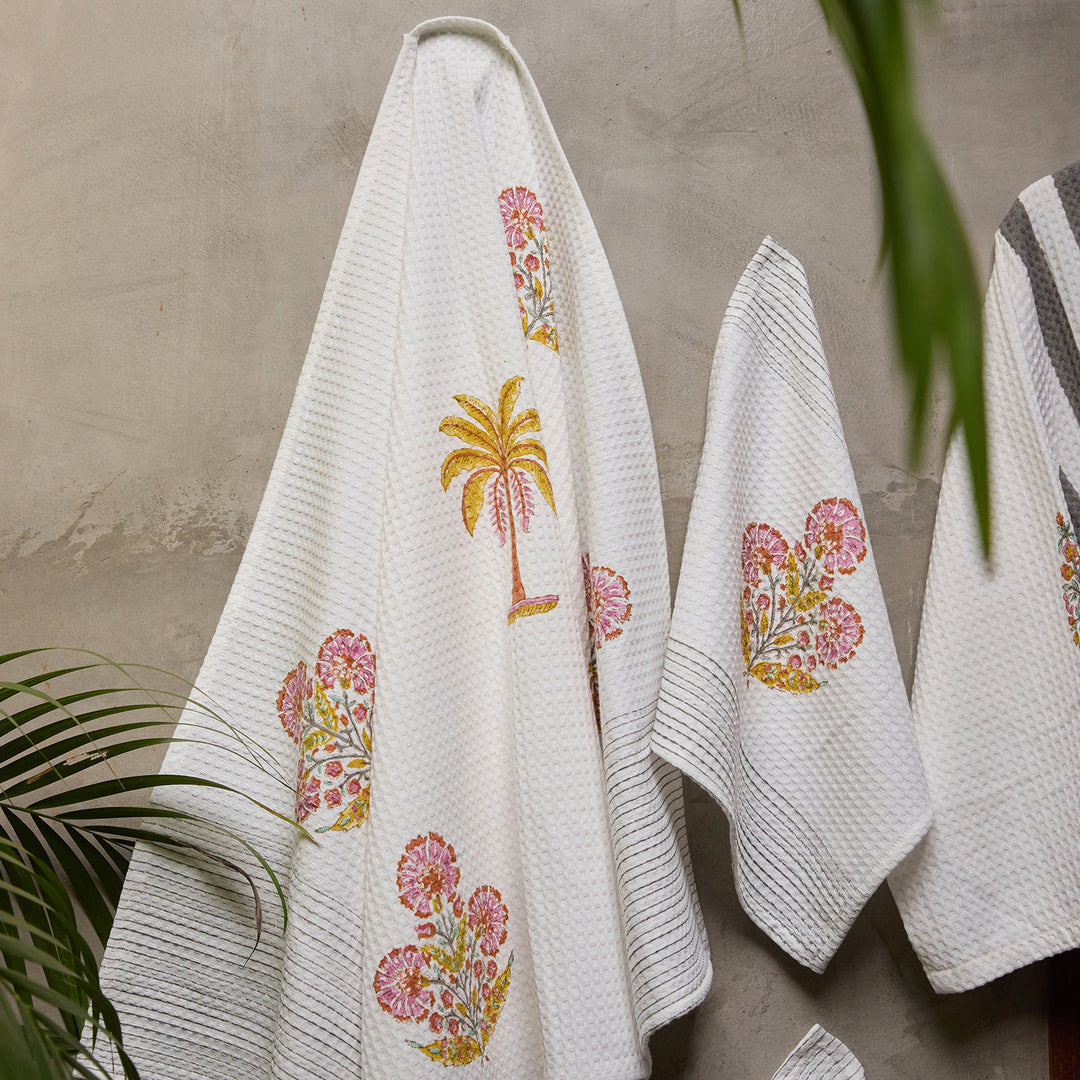 Malabar Blockprint Bath/Hand/Face Waffle Towel-bath towels-House of Ekam