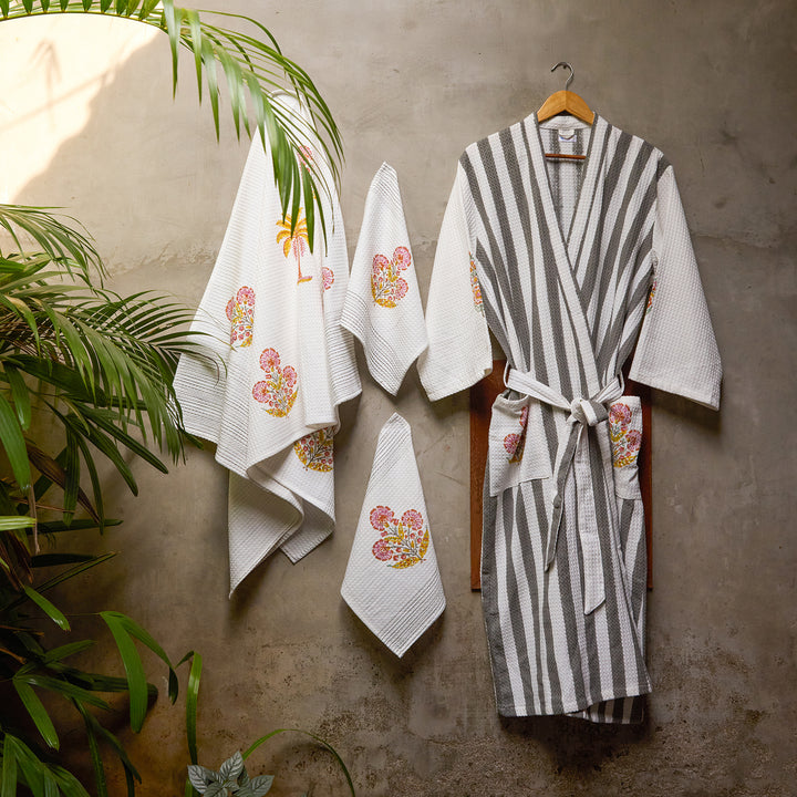 Malabar Blockprint Bath/Hand/Face Waffle Towel-bath towels-House of Ekam