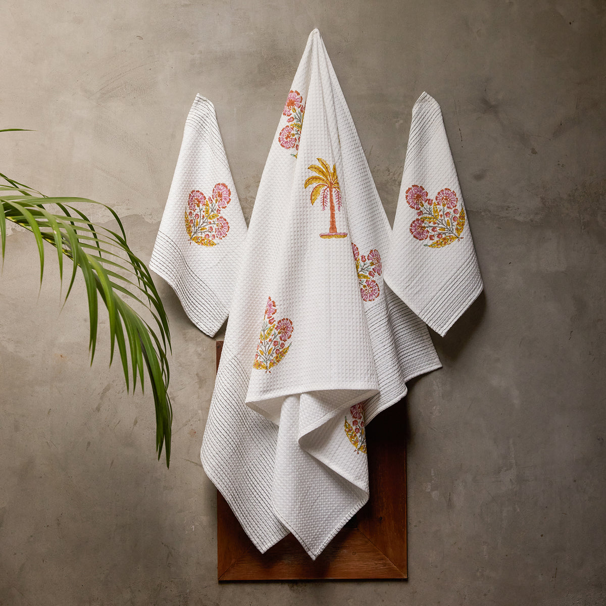 Malabar Blockprint Bath/Hand/Face Waffle Towel-bath towels-House of Ekam