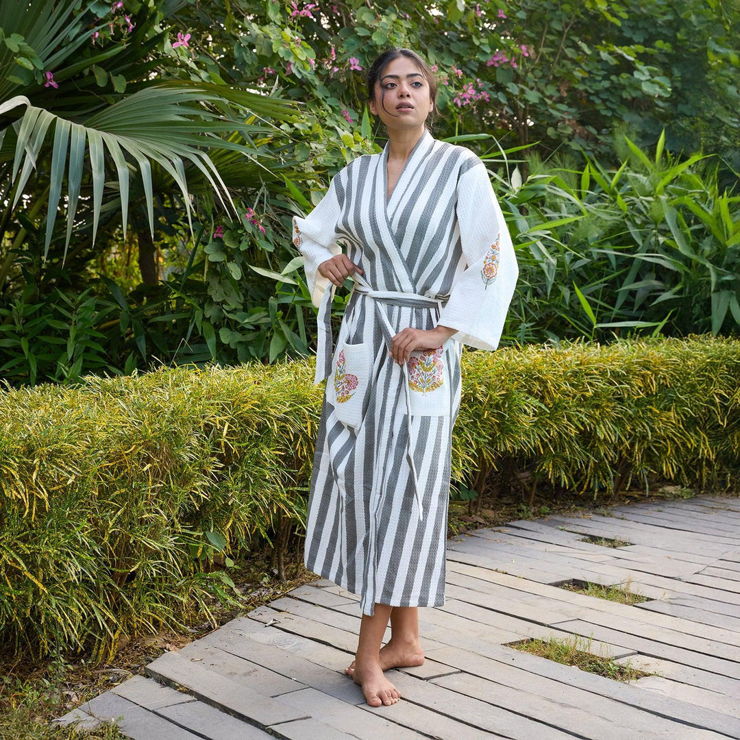 Malabar Grey Stripe Cotton Bathrobe-Bath robes-House of Ekam