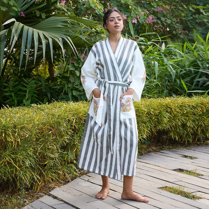 Malabar Grey Stripe Cotton Bathrobe-Bath robes-House of Ekam