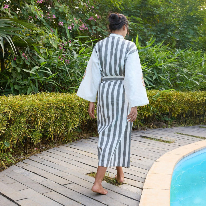 Malabar Grey Stripe Cotton Bathrobe-Bath robes-House of Ekam