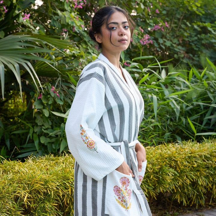 Malabar Grey Stripe Cotton Bathrobe-Bath robes-House of Ekam