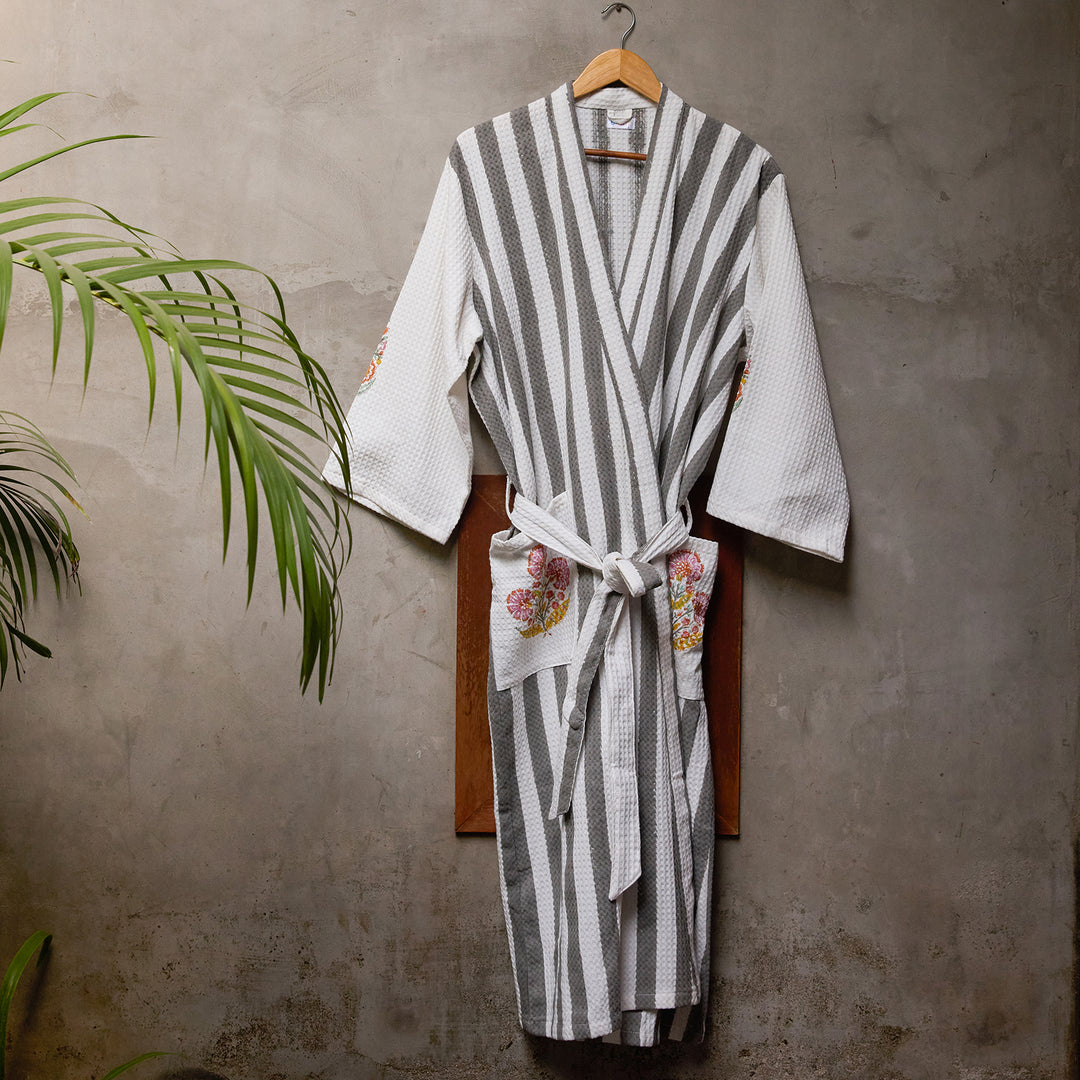 Malabar Grey Stripe Cotton Bathrobe-Bath robes-House of Ekam