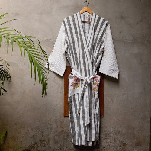 Malabar Grey Stripe Cotton Bathrobe-Bath robes-House of Ekam