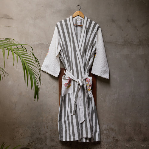 Malabar Grey Stripe Cotton Bathrobe-Bath robes-House of Ekam