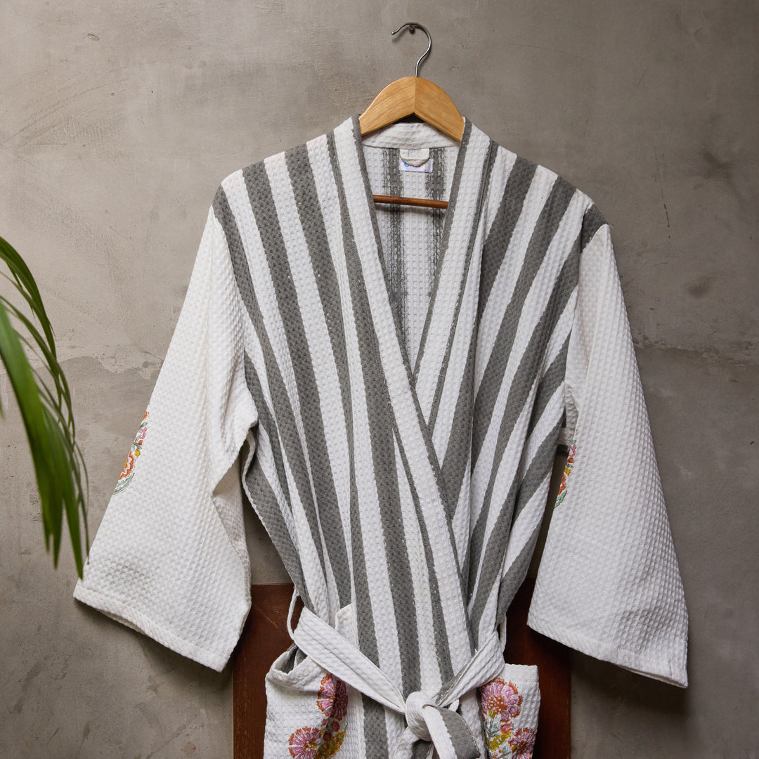 Malabar Grey Stripe Cotton Bathrobe-Bath robes-House of Ekam